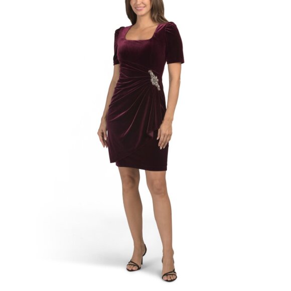 ALEX EVENINGS Wine Velvet Square Neck Mini Dress - Picture 1 of 2